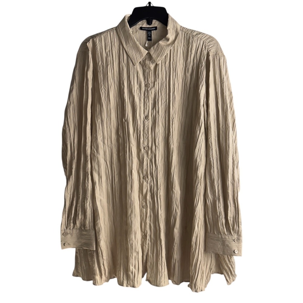 Eileen Fisher Cream Crinkled Button-Up Blouse
